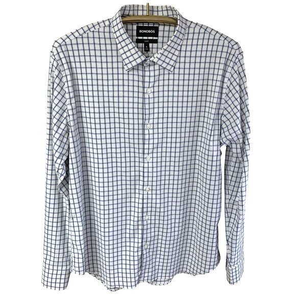 Bonobos Slim Fit White Navy Windowpane Long Sleeve Button Down Shirt - Picture 2 of 11